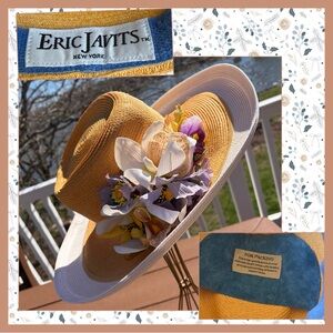 Eric Javits Squishee® Vintage Straw HTF Dual Color Wide Brim Hat w Floral Trims